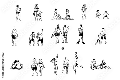 Resort recreation, holiday vacation, men and women playing volleyball, surfing, people in swimsuits on beach set