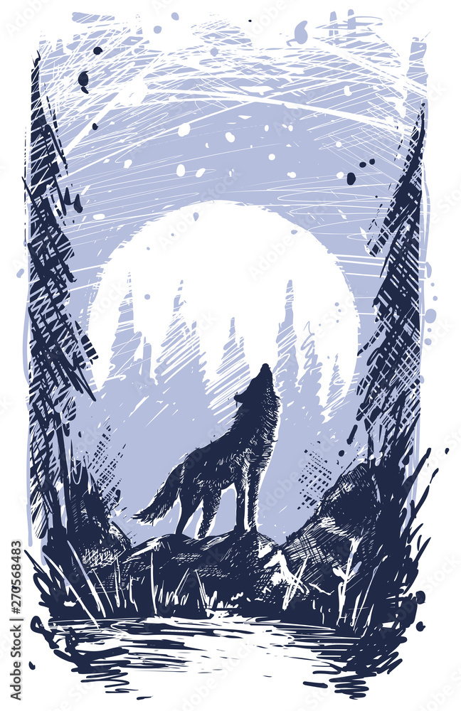 Fototapeta Graphic silhouette howling wolf standing on stone in forest. On full moon with snow background. Line art style. Nature landscape.
