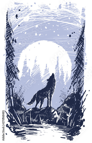 Graphic silhouette howling wolf standing on stone in forest. On full moon with snow background. Line art style. Nature landscape.