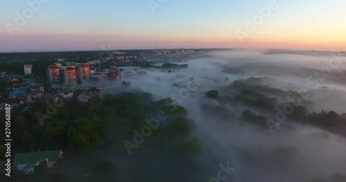 Morning fog. Flight over the river, small islands and forest - 006