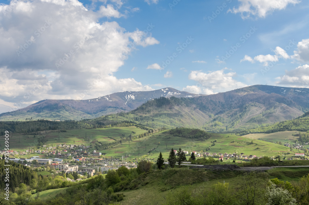 Top view of the mountain on the city Volovets, Transcarpathian region in the Ukrainian Carpathians and mountains