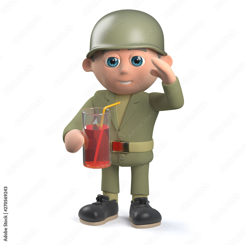 Cartoon army sergeant character in 3d holding a glass of juice and saluting Cartoon army sergeant character in 3d holding a glass of juice and saluting