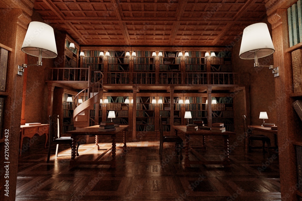 Realistic 3D Render of Old Antique Library