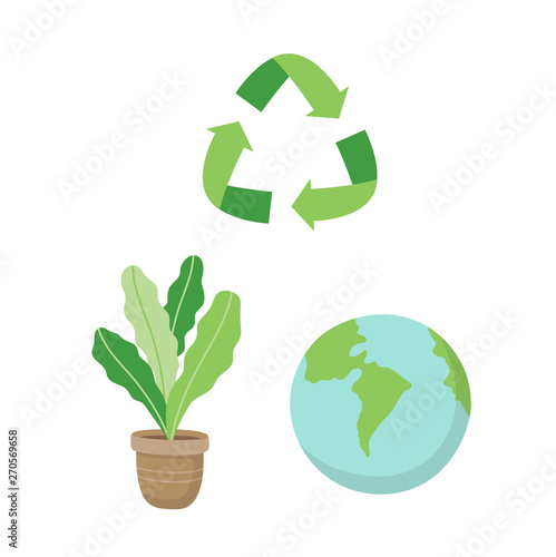Recycling sign, a plant and a planet earth. Ecological concept illustration set in cartoon style, vector