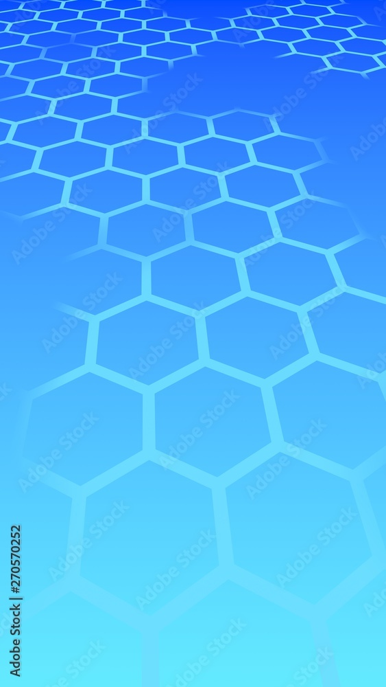 Translucent, with breaks, honeycomb on a gradient blue sky background. Perspective view on polygon look like honeycomb. Isometric geometry. 3D illustration Translucent, with breaks, honeycomb on a gradient blue sky background. Perspective view on polygon look like honeycomb. Isometric geometry. 3D illustration