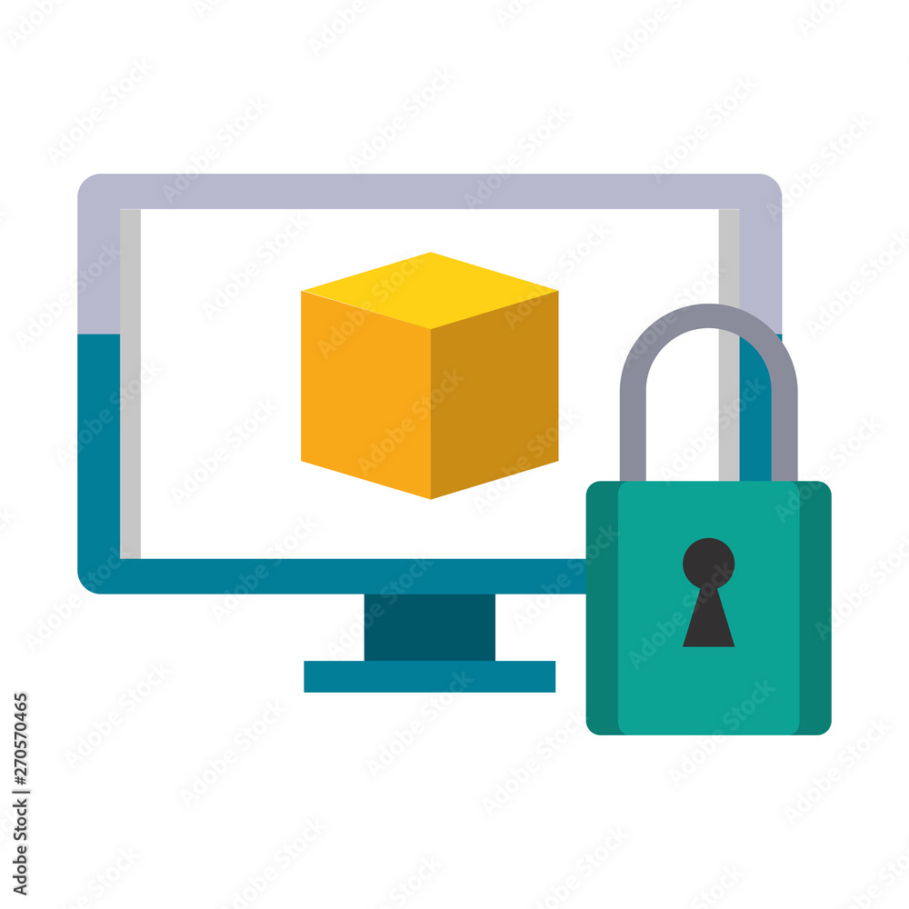 Computer monitor and padlock security system Vector illustration