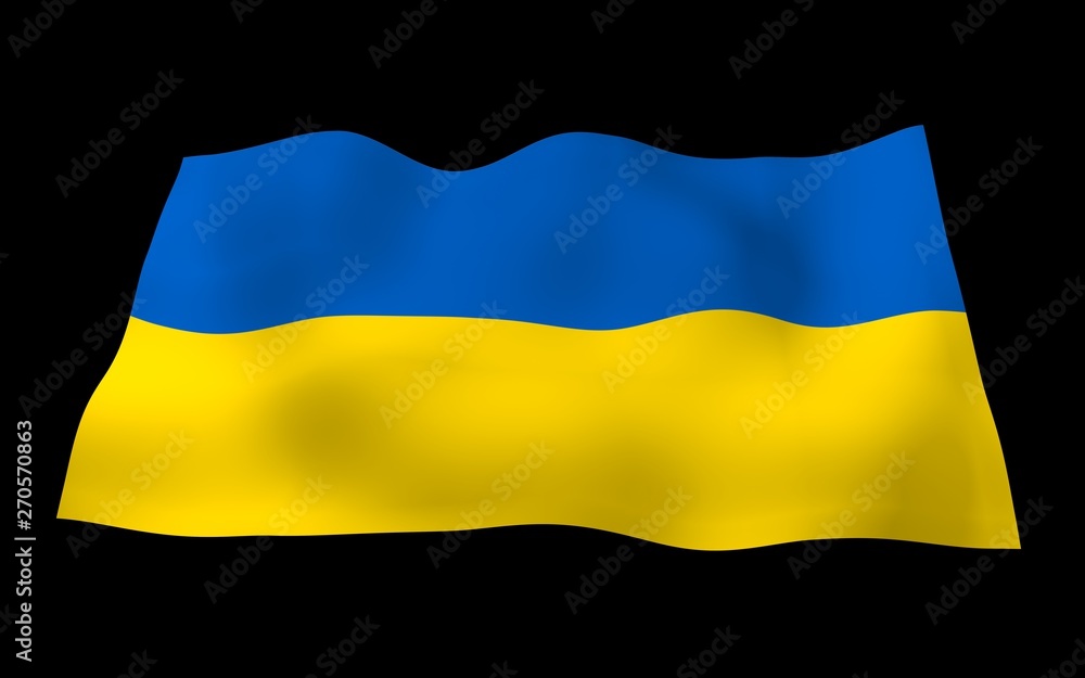 Obraz premium The flag of Ukraine on a dark background. National flag and state ensign. Blue and yellow bicolour. 3D illustration waving flag