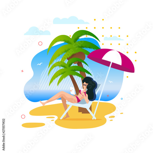 Woman Having Rest Along under Palms on Sunny Beach