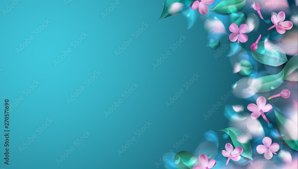 Green spring background with purple blurred flower petals