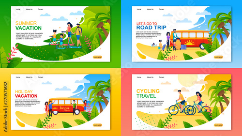 Travel or Summer Vacation Landing Page Flat Set