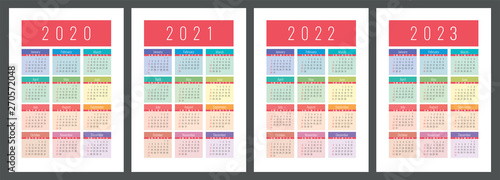 Calendar 2020, 2021, 2022 and 2023. English color vector set. Vertical wall or pocket calender template. Design collection. New year. Week starts on Sunday