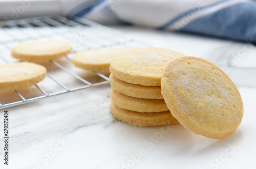 Freshly baked homemade butter shortbread biscuits dusted with sugar