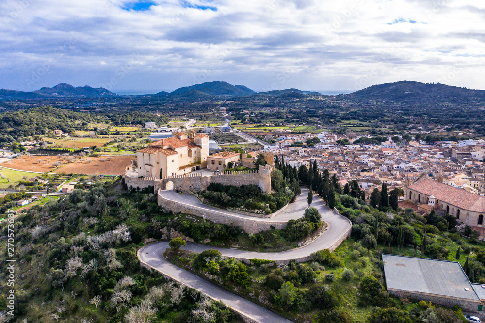 Aerial view, Arta with  Santuari de Sant Salvador Monastery on Calvary, Mallorca, Balearic Islands, Spain, Europe