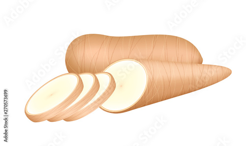raw cassava fresh isolated on white background, cassava cut slice for tapioca flour industry or ethanol industry, pile yucca cassava tuber, raw manioc cassava in top view