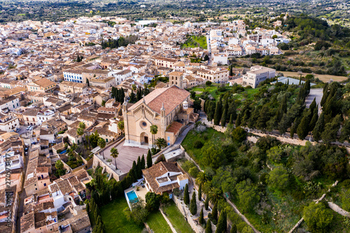 Aerial view, Arta with Parish Church of Transfiguracio del Senyor on Calvary, Mallorca, Balearic Islands, Spain, Europe photo