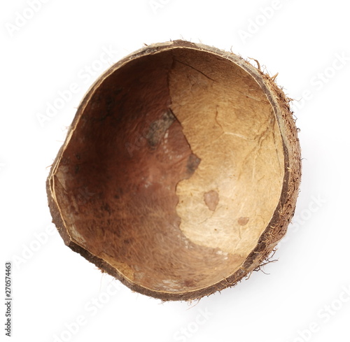 Coconut fruit shell cut in half isolated on white background, top view, design element 