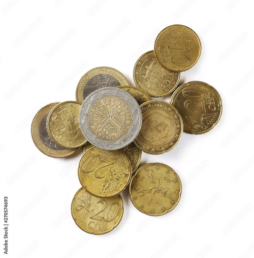 Euro coins, money isolated on white background, top view Euro coins, money isolated on white background, top view