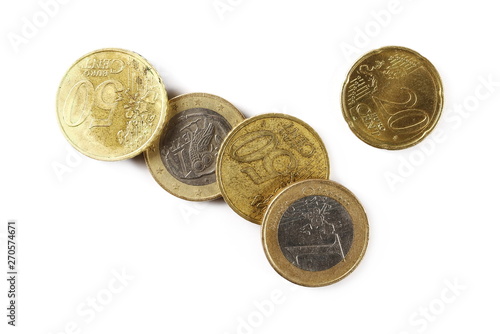 Euro coins, money isolated on white background, top view
