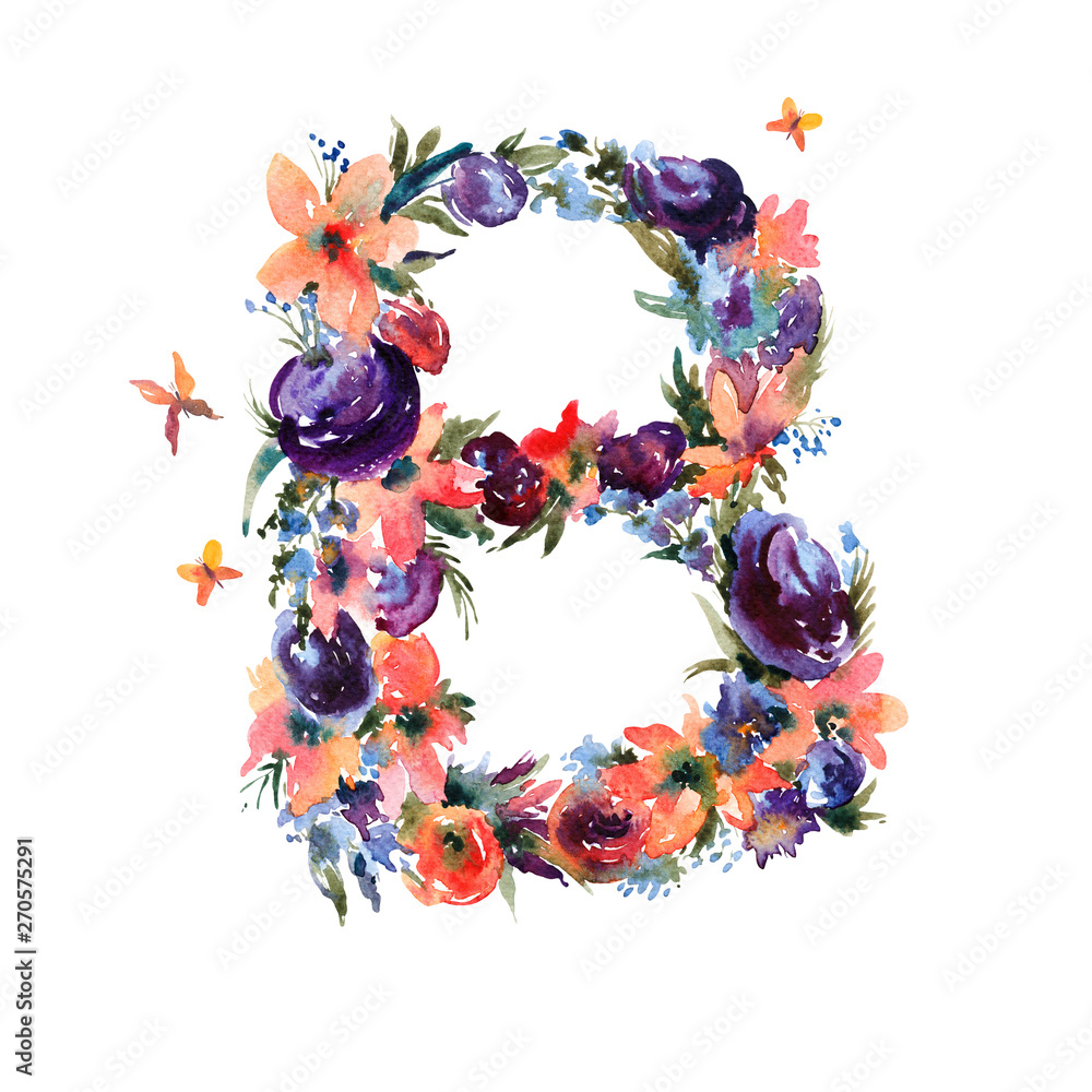 Floral Watercolor Letter B Made of Flowers, Isolated Summer Letter on White Background