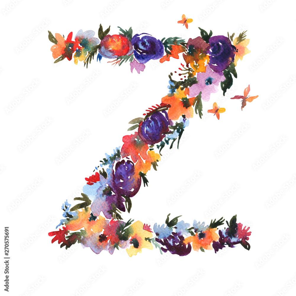 Floral Watercolor Letter Z Made of Flowers, Isolated Summer Letter on White Background.