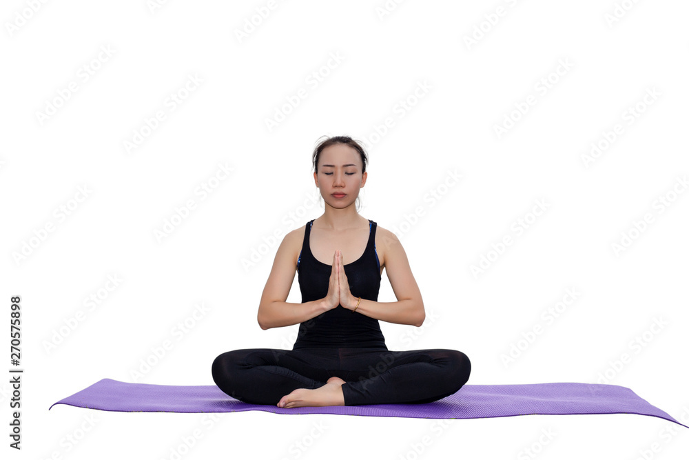 Women sitting on asana and press the hands together at the chest. white background Women sitting on asana and press the hands together at the chest. white background