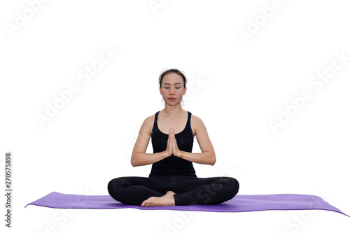 Women sitting on asana and press the hands together at the chest. white background