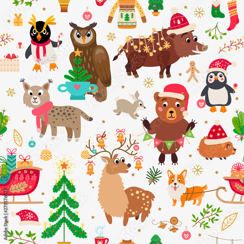 A Christmas forest animals pattern. Winter vector