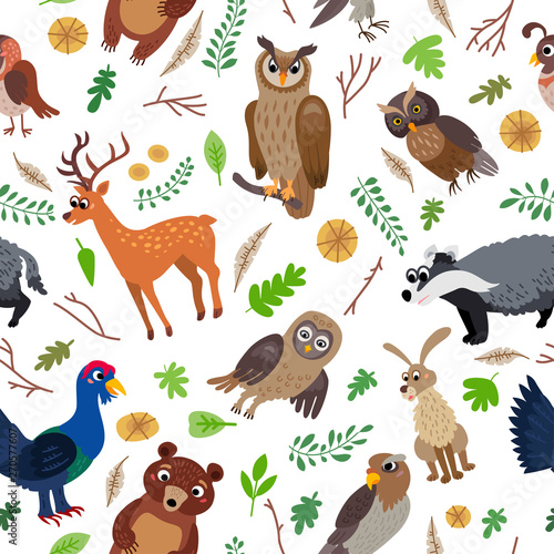 A Bird forest Seamless Pattern. Woodland animals. © Pictulandra