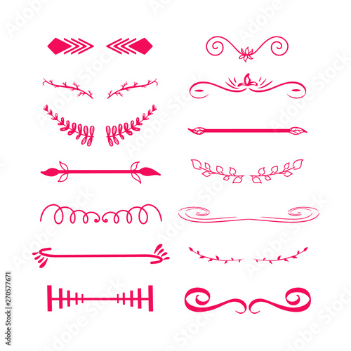 Dividers. Set of retro text dividers and decorative calligraphic lines. Vector illustration arrow, floral ornament, laurels. Red color delimiters page. Doodle design elements. Cute handdrawn sketched.