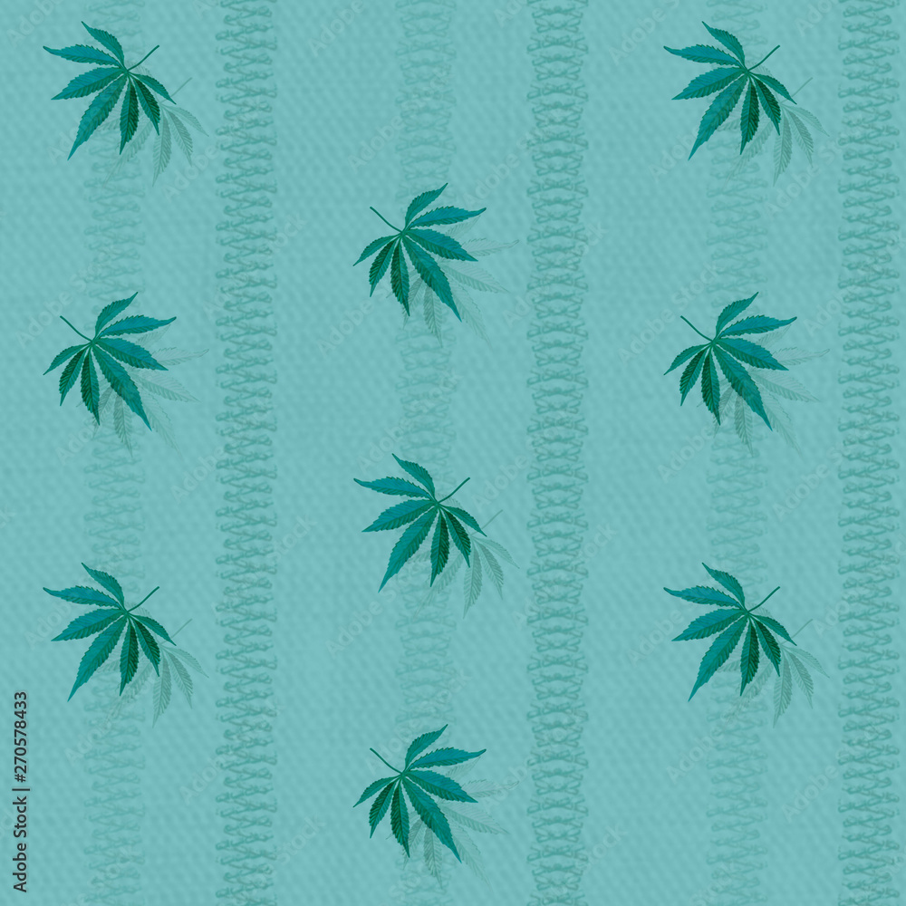 seamless texture with a pattern of repeating hemp leaves on a dark green textural background with vertical stripes seamless texture with a pattern of repeating hemp leaves on a dark green textural background with vertical stripes