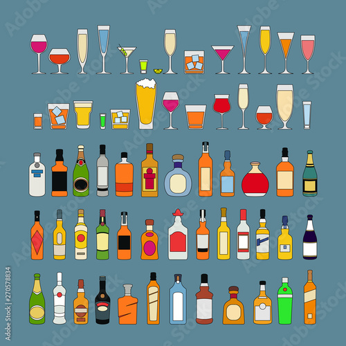 Alcohol drinks collection. Bottles with glasses. Vodka champagne wine whiskey beer brandy tequila cognac liquor vermouth gin rum absinthe sambuca cider bourbon. Vector illustration in flat style