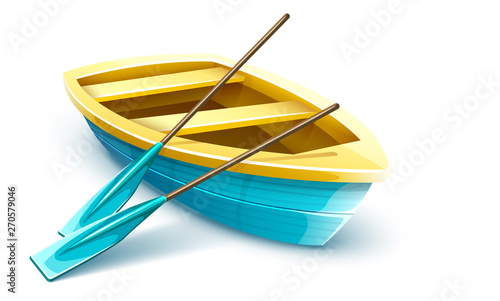 Wooden fisherman's boat with paddles for fishing or kayaking extreme sports and entertainment, isolated white background. Boat for fisherman, fishing transport with paddles. Eps10 vector illustration.