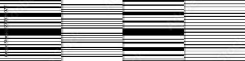 Set seamless patterns of stripes of black color of different widths on a white background, ready for printing on packaging, on fabric, on covers, on paper, for creating cards, posters, stickers