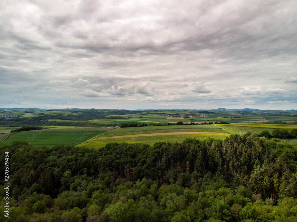 Blick über die Wälder und Felder der Eifel aus der Luft