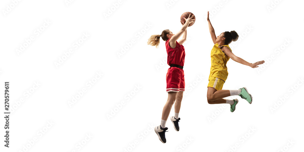 Isolated Female basketball player makes slam dunk. Basketball players on white background Isolated Female basketball player makes slam dunk. Basketball players on white background