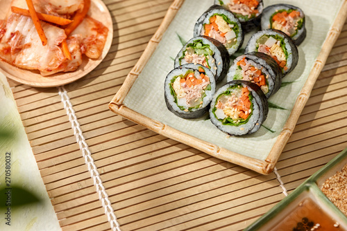 Korean roll Gimbap(kimbob) made from steamed white rice (bap) and various other ingredients