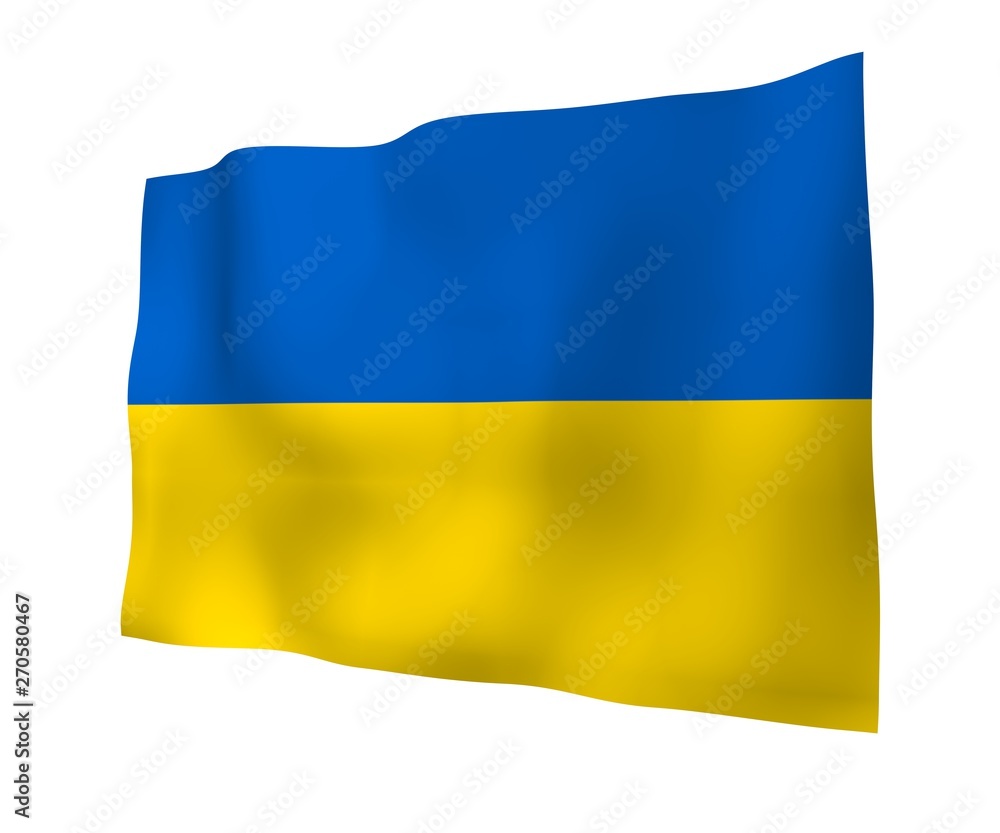 The flag of Ukraine on a white background. National flag and state ensign. Blue and yellow bicolour. 3D illustration waving flag The flag of Ukraine on a white background. National flag and state ensign. Blue and yellow bicolour. 3D illustration waving flag