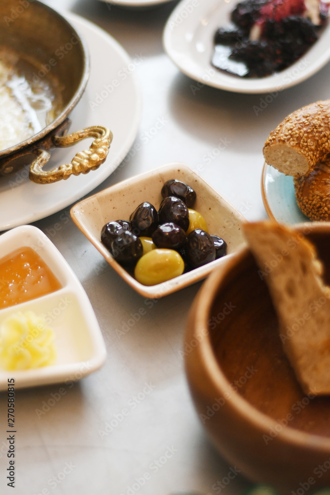 Turkish breakfast with various plates on a table Turkish breakfast with various plates on a table