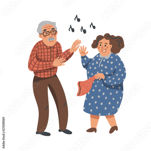 Elderly dancing couple. Old man and woman have fun on a party. Nursing home. Senior people flat Vector illustration.