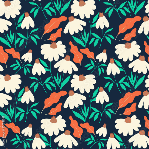 Seamless pattern with chamomile flowers and leaves on dark blue background