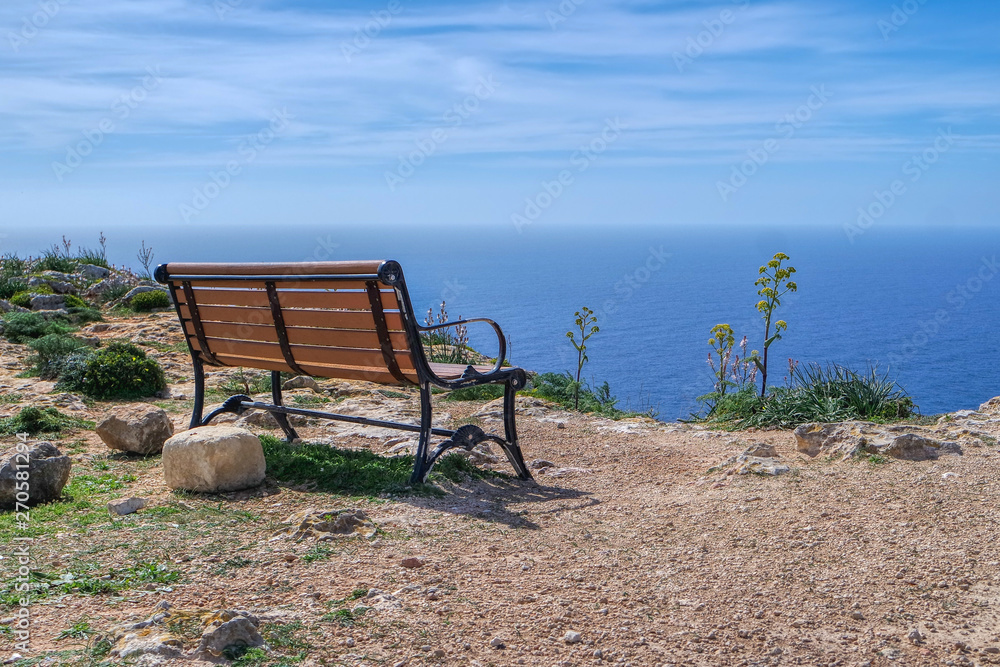 Beautiful bench seat near Dingli Cliffs with a view on the Sea, Malta