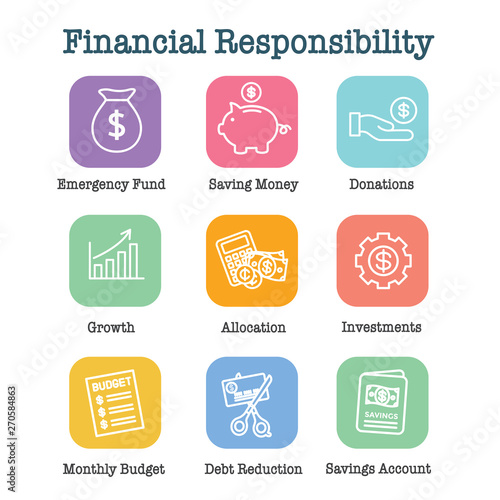 Personal Finance & Responsibility Icon Set with Money, Saving, & Banking options