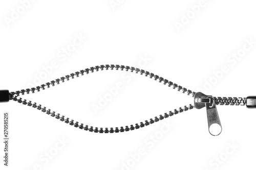 Unzip zipper or fastener. Isolated on white photo