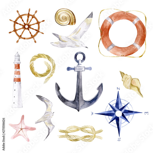 Navy watercolor vector summer nautical mood with sea rope, anchor, shell, seagull, lighthouse, lifebuoy, marine knot, steering wheel. Illustration elements for fashion, fabric, print, icon, object