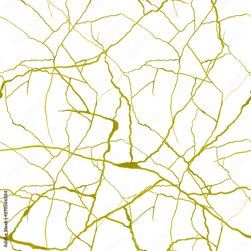 Gold cracks on white background seamless pattern kintsugi concept