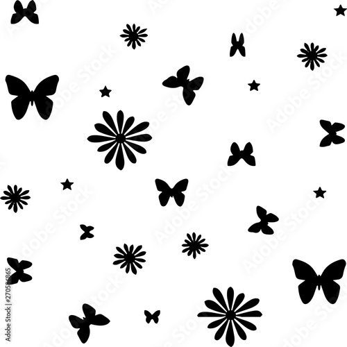 Seamless pattern, butterflies and flowers, silhouette on white background, © Vladimir