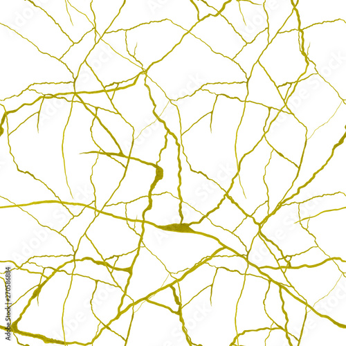 Gold cracks on white background seamless pattern - kintsugi concept, golden crinkles, broken pottery texture