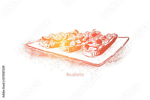 Tasty bruschetta, grilled garlic bread slices with oil olive and vegetables, delicious quick snack