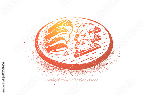 Fish forshmak on black bread, jewish snack, herring baked with potato, sour cream, onion and pepper