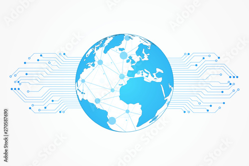 Connection concept, Abstract Technology Background, blue circuit with globe map